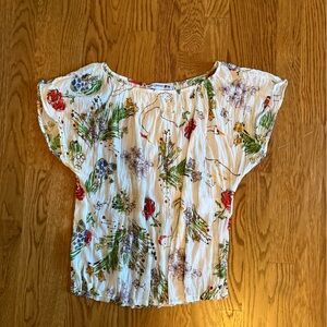 Uniqlo White Floral Short-Sleeve Blouse with Multicolor Print